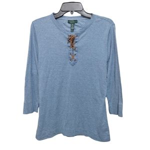 Lauren Ralph Lauren Heather Blue Tie Front Long Sleeve T Shirt Womens Size Large